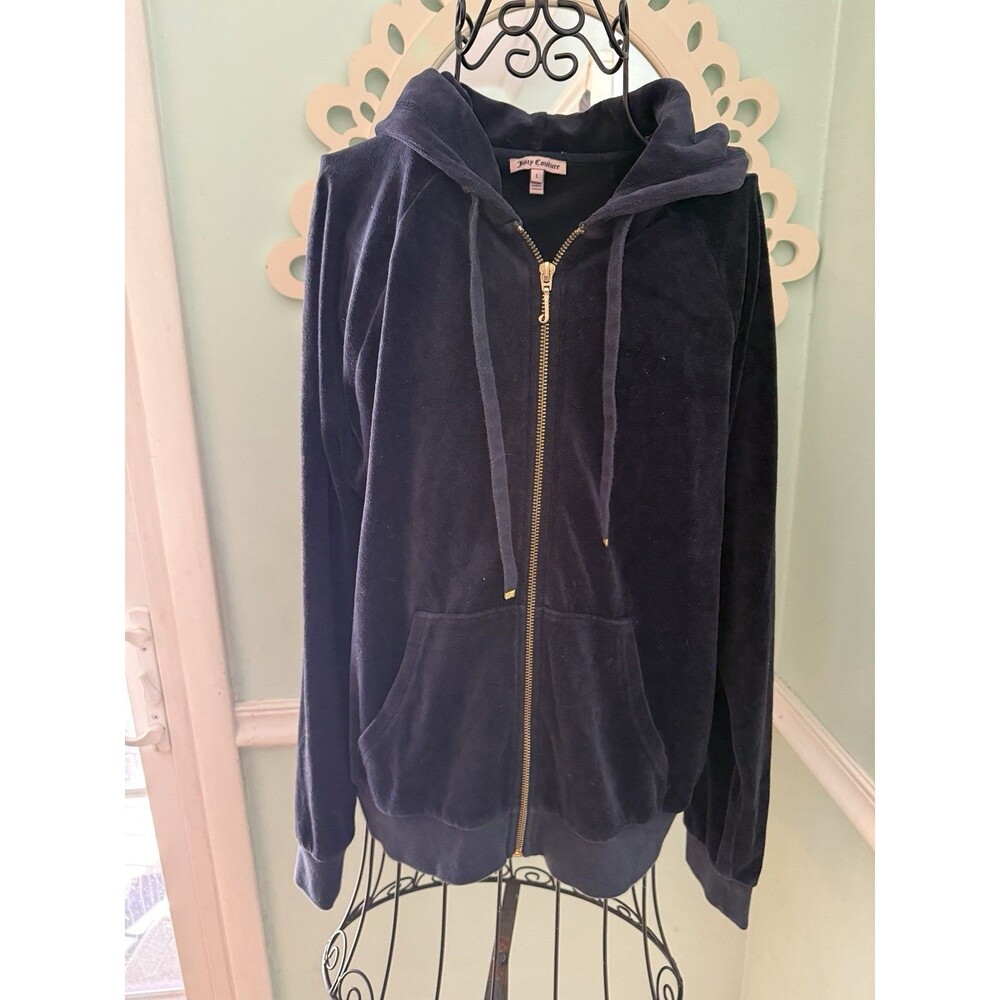 Juicy Couture Velour Track Jacket Womens Large Blue Full‎ Zip Hoodie Velvet Y2K